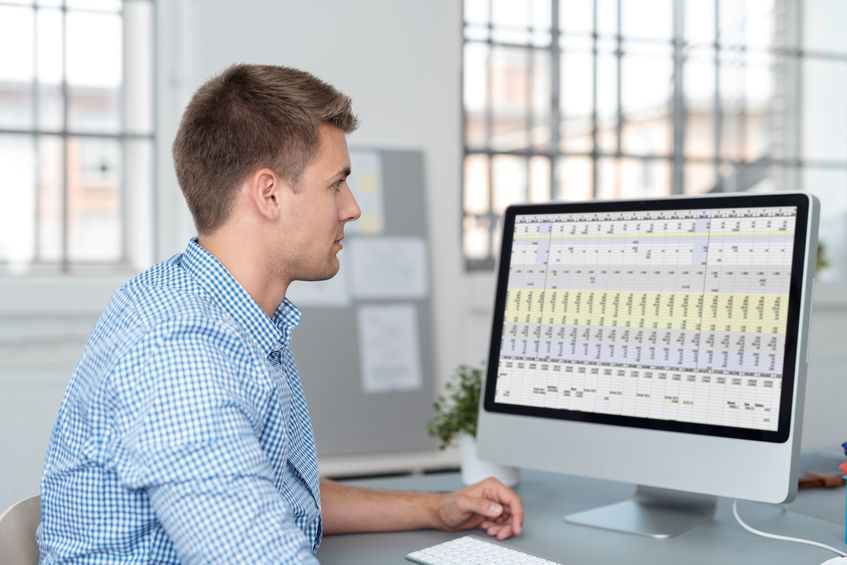Man at computer looking at spreadsheet