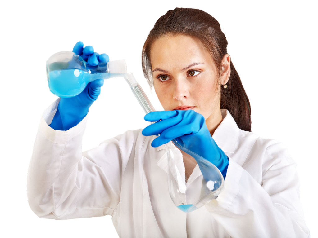 Female scientist pouring chemical into a flask