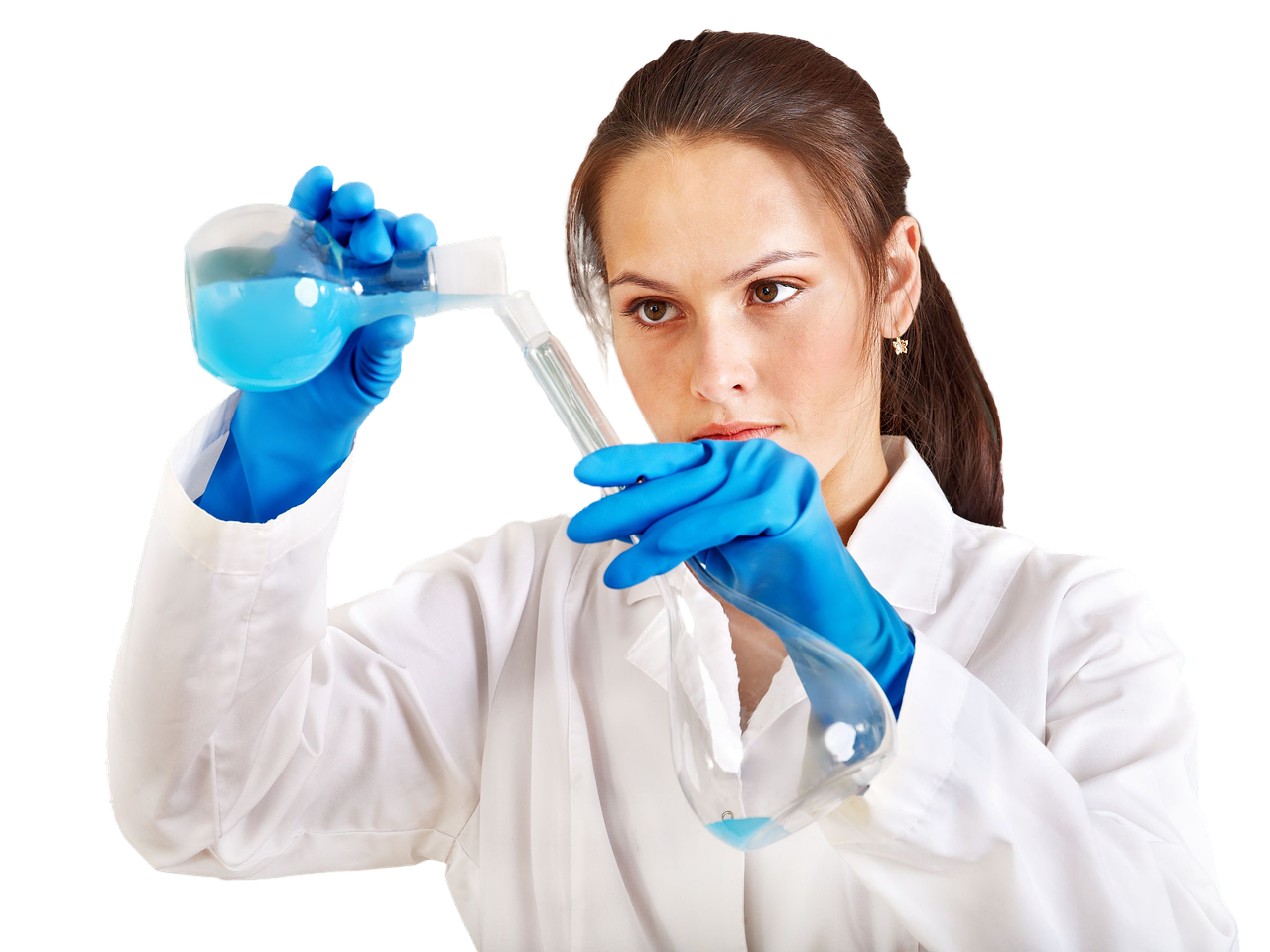 Female scientist pouring chemical into a flask