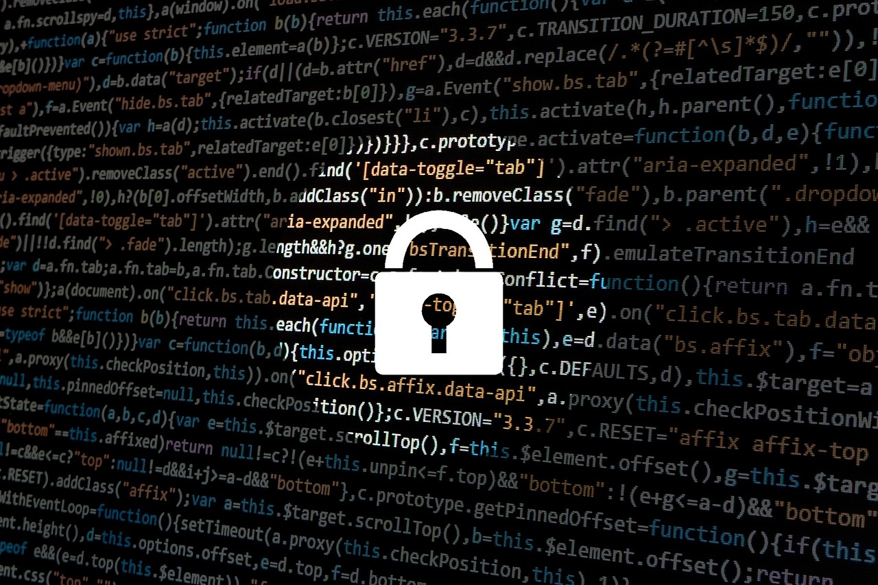 Cybersecurity schematic with computer code and a padlock