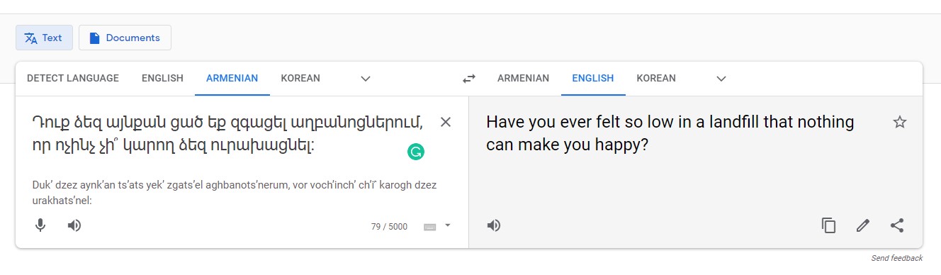 Google Translate_Reverse Translation_English to Armenian