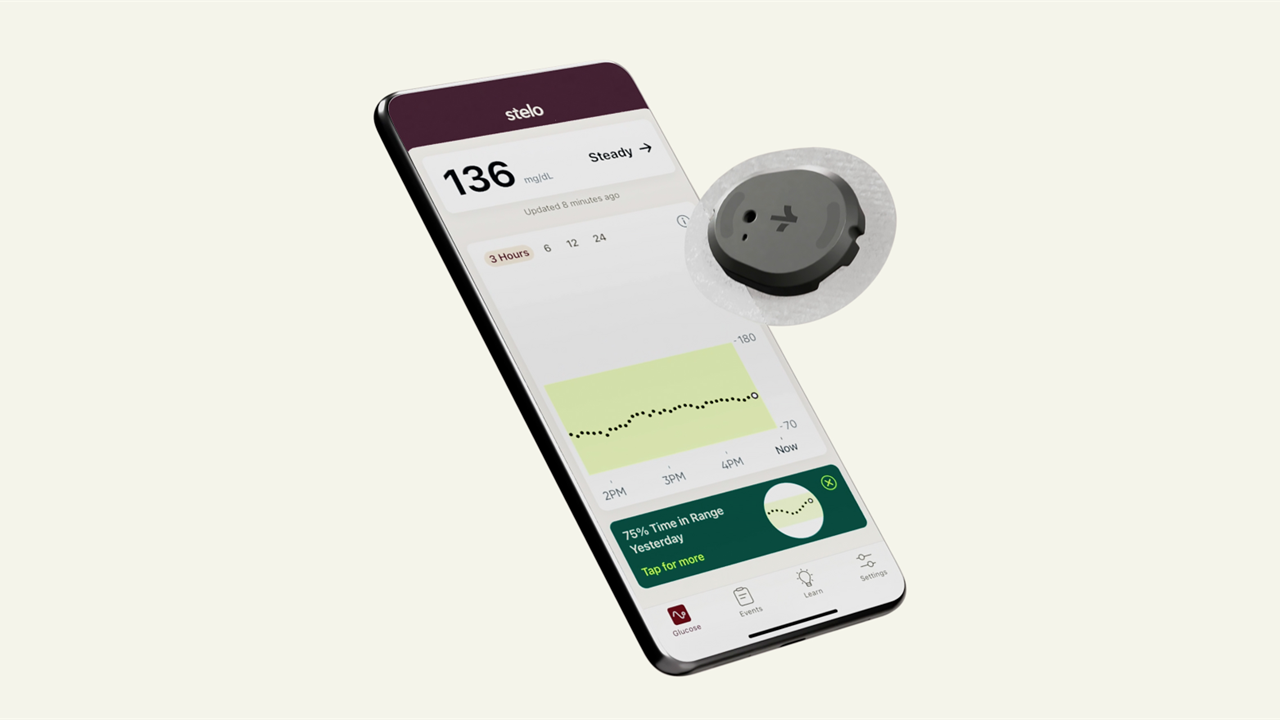 Stelo pairs a wearable sensor with a smartphone app that displays glucose measurements and trends every 15 minutes. Photo courtesy of Dexcom.