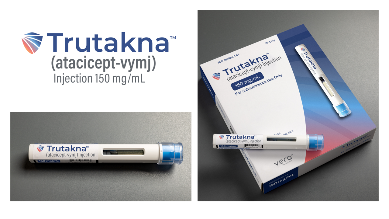 Trutakna (atacicept) is given as a once-weekly under-the-skin injection, and patients can self-administer it at home using an autoinjector. Photo courtesy of Vera Therapeutics.